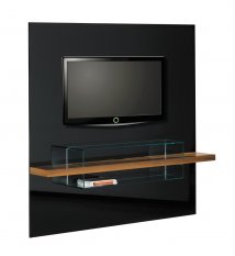 Estante Home Theater Tenerife 160cm | Laca Preto Brilhante Laminado Imbuia Natural